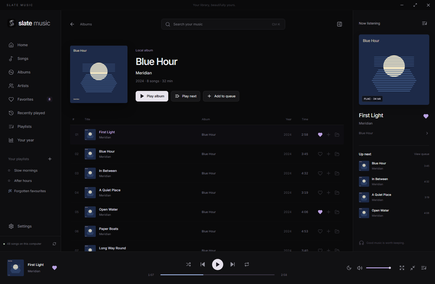 Blue Hour album detail in Slate Music, with original cover artwork and tracks in album order
