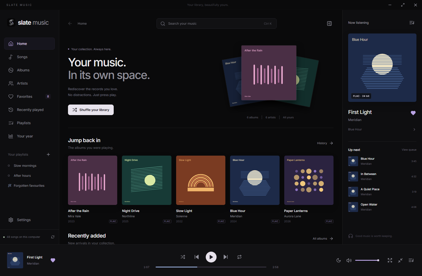 Slate Music Home, with Jump back in and Recently added shelves of demo albums and the listening panel