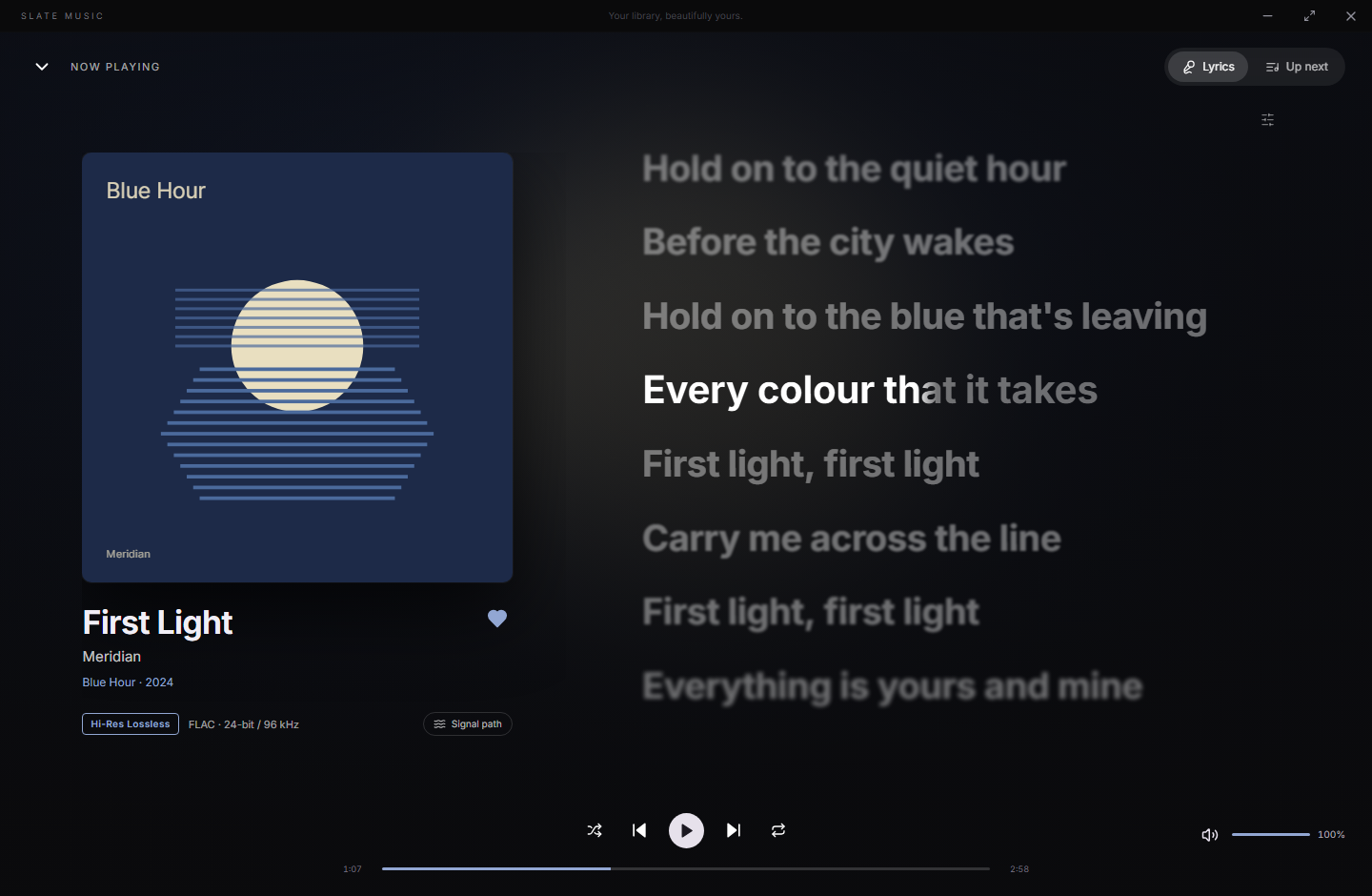Now Playing with a demo song: the cover on the left and synced lyrics highlighting the current line